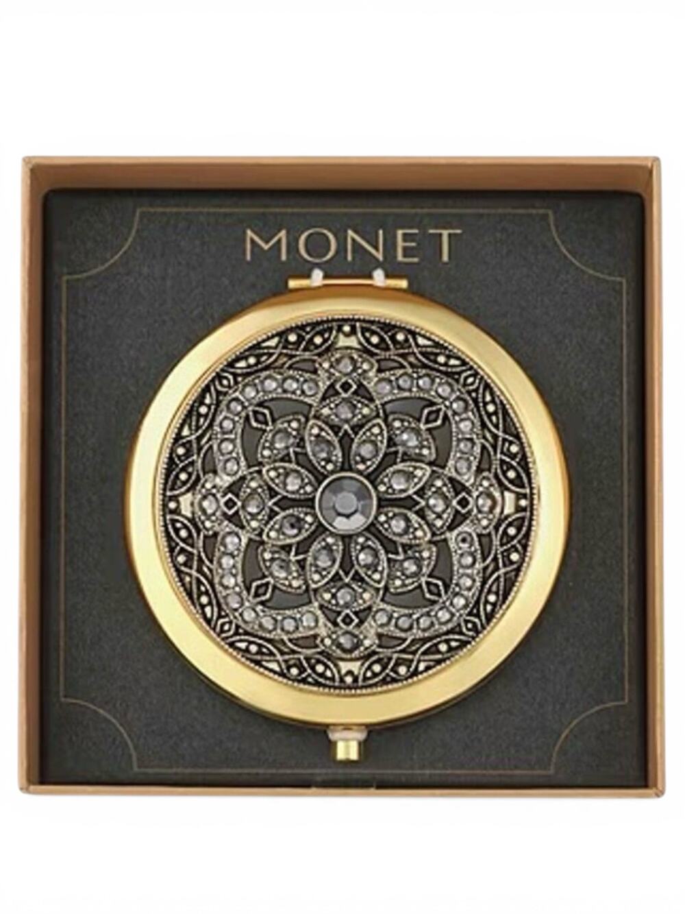 MONET Compact Mirror Gold Tone Rhinestone Filigree New in Box